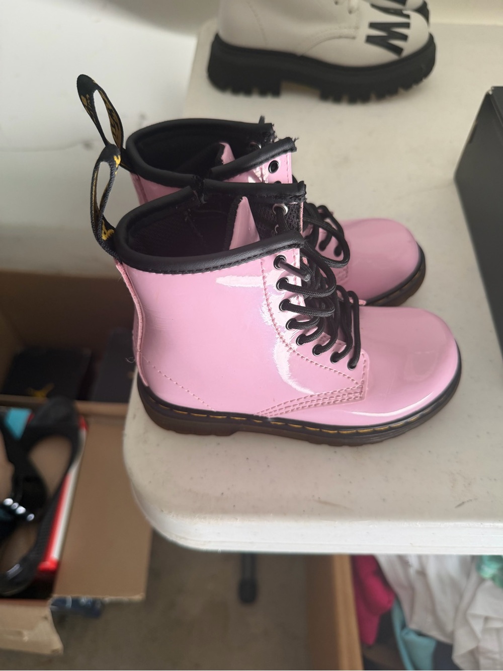 Dr. Martens Girls Pink Patent Lace-Up Boots with Black Trim